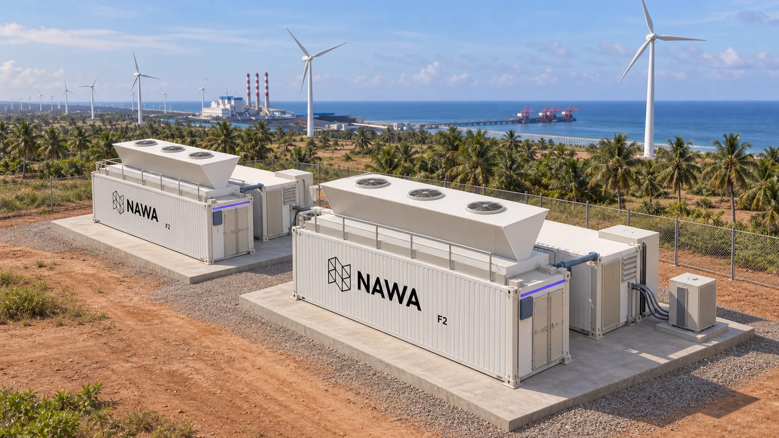Architectural concept of branded NAWA F2 compute and power containers beside wind turbines on Sri Lanka’s north-west coast.