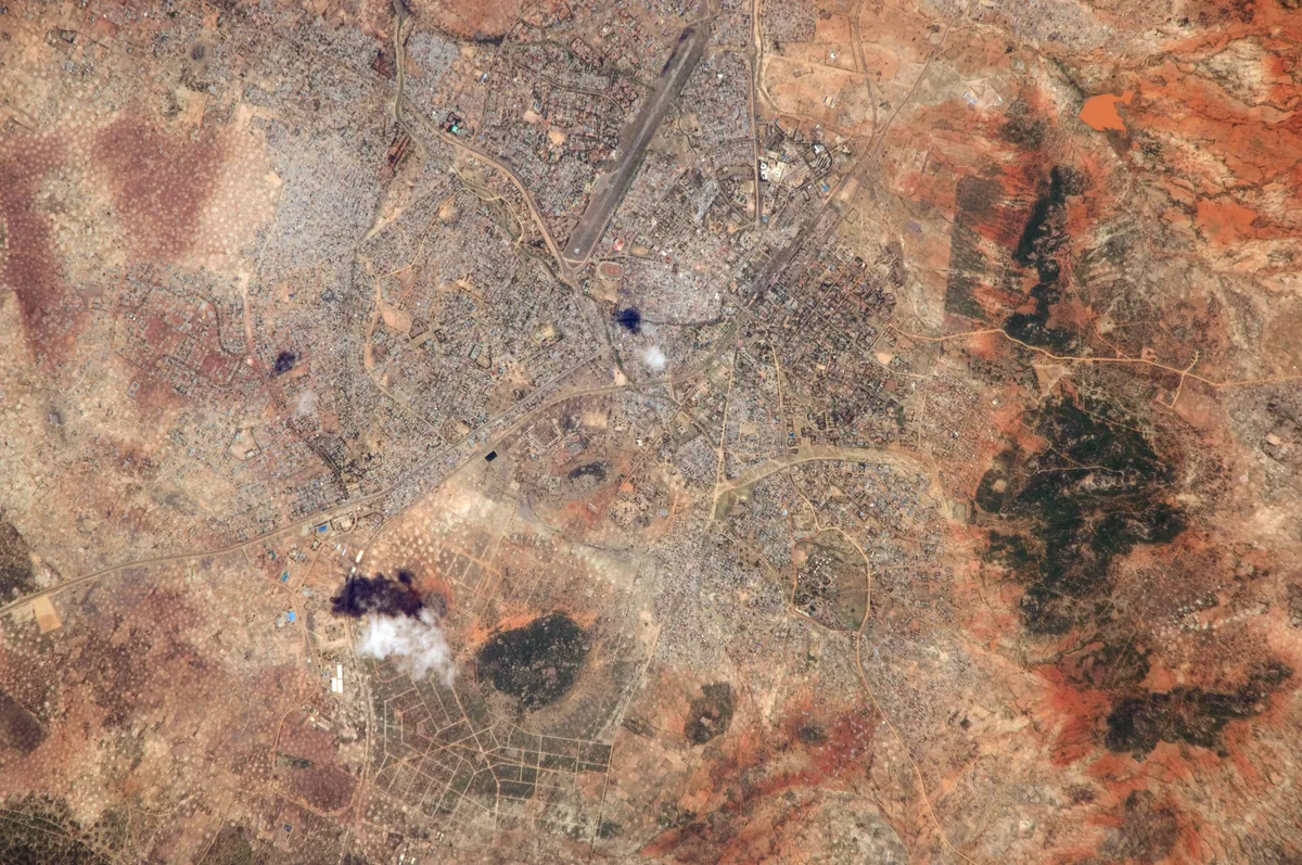 An orbital photograph of Dodoma and the surrounding terrain in central Tanzania.