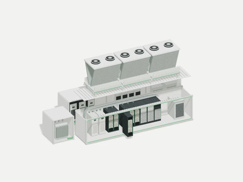 Clay model of NAWA F2 infrastructure, showing accelerator racks, cooling and the dedicated power module.