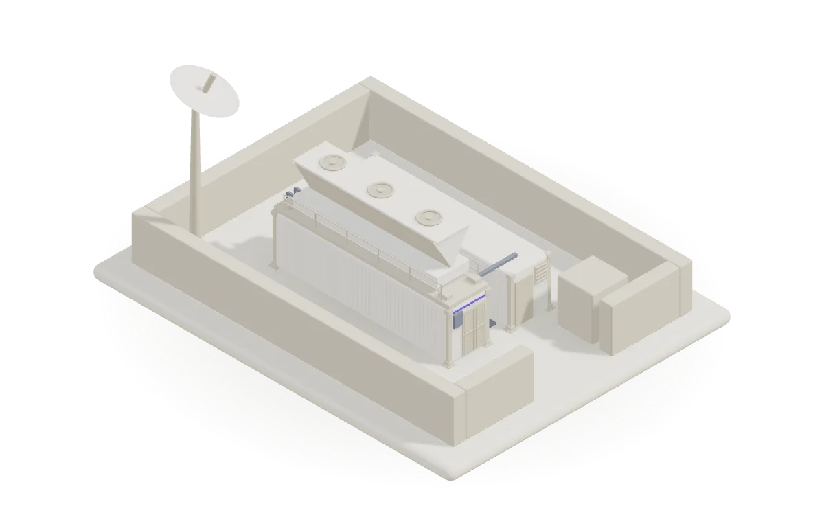 A clay model of a single compute cell inside a walled compound, with a dish on a mast and a guard post at the gate.