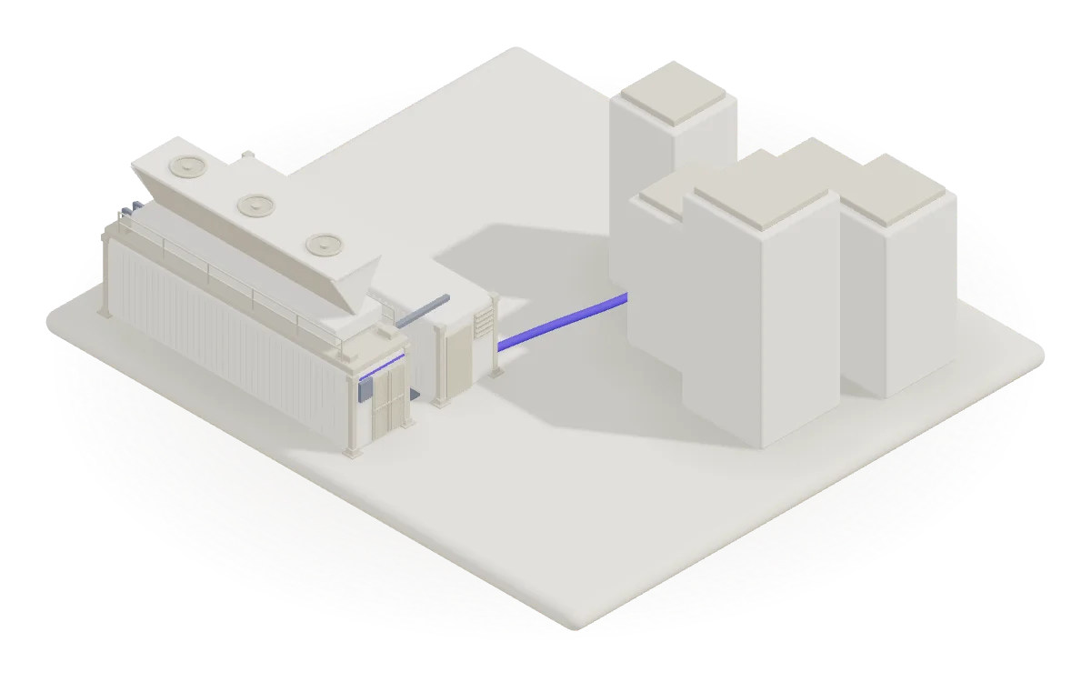 A clay model of a single compute cell beside a cluster of city towers, with one line running from the cell to the nearest tower.