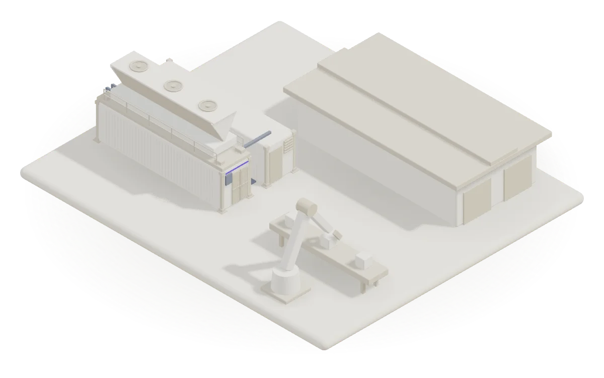 A clay model of a single compute cell next to a long warehouse, with a robot arm reaching over a parcel conveyor in front of it.