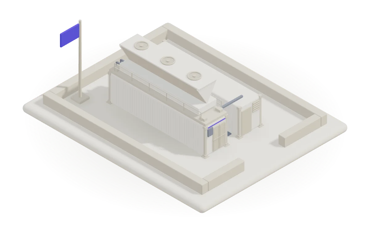 A clay model of a single compute cell inside a low perimeter kerb, with a flag flying at one corner of the site.